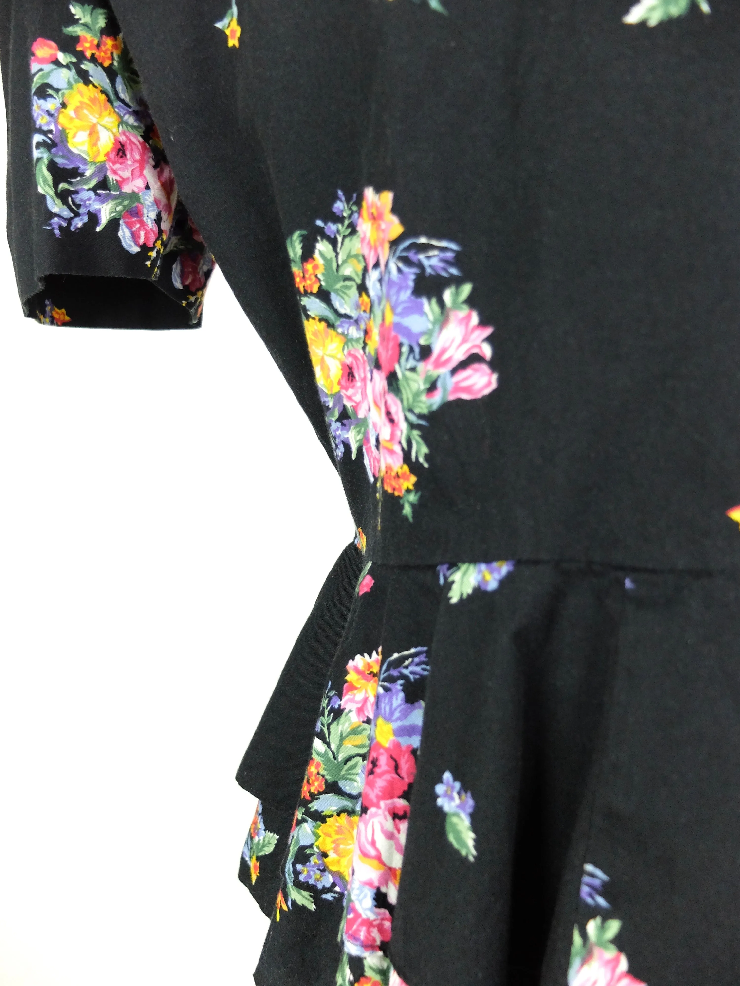 80s Romantic Floral Structured Peplum Button Up Half Sleeve Blouse with Shoulder Pads
