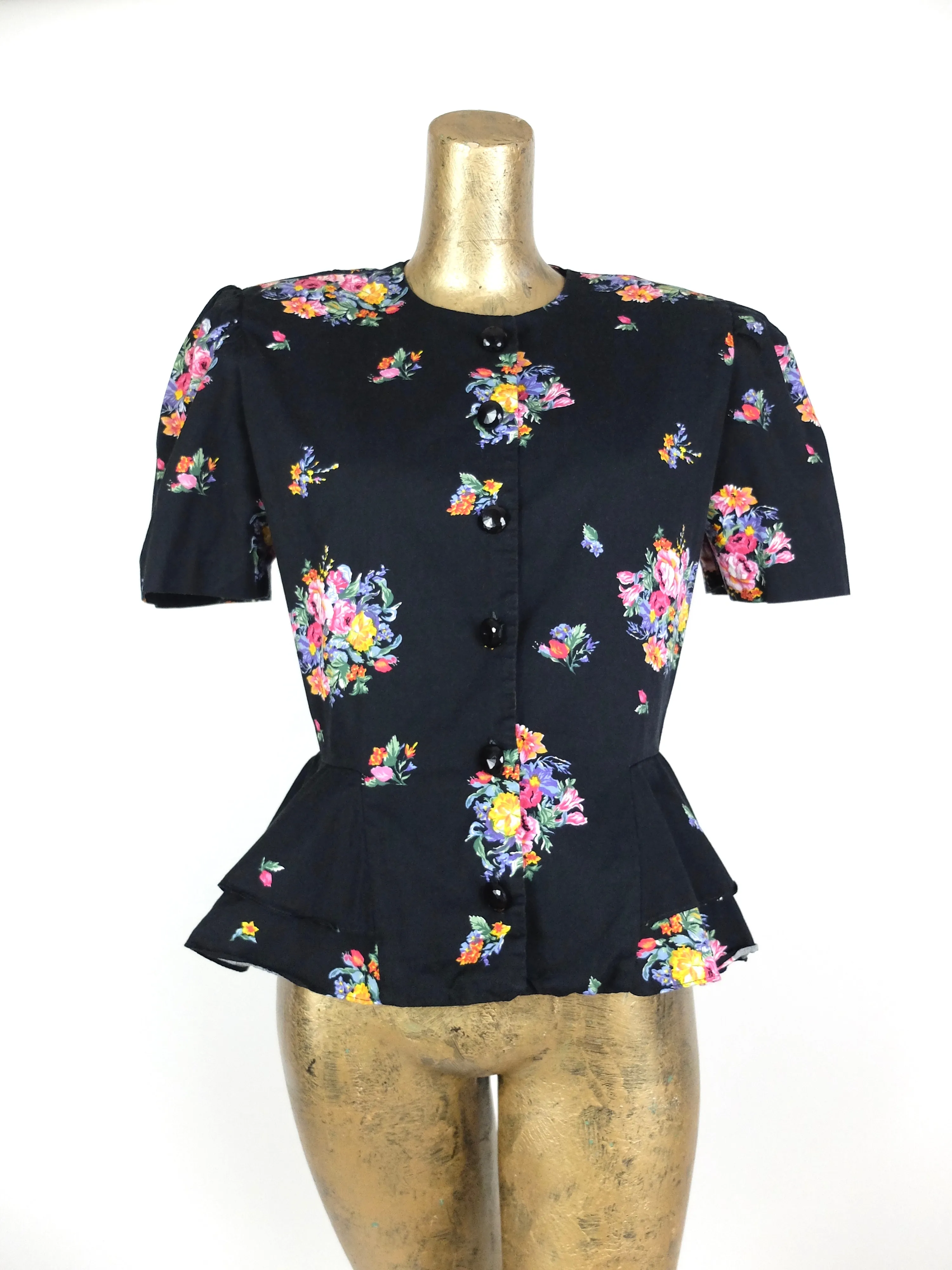 80s Romantic Floral Structured Peplum Button Up Half Sleeve Blouse with Shoulder Pads
