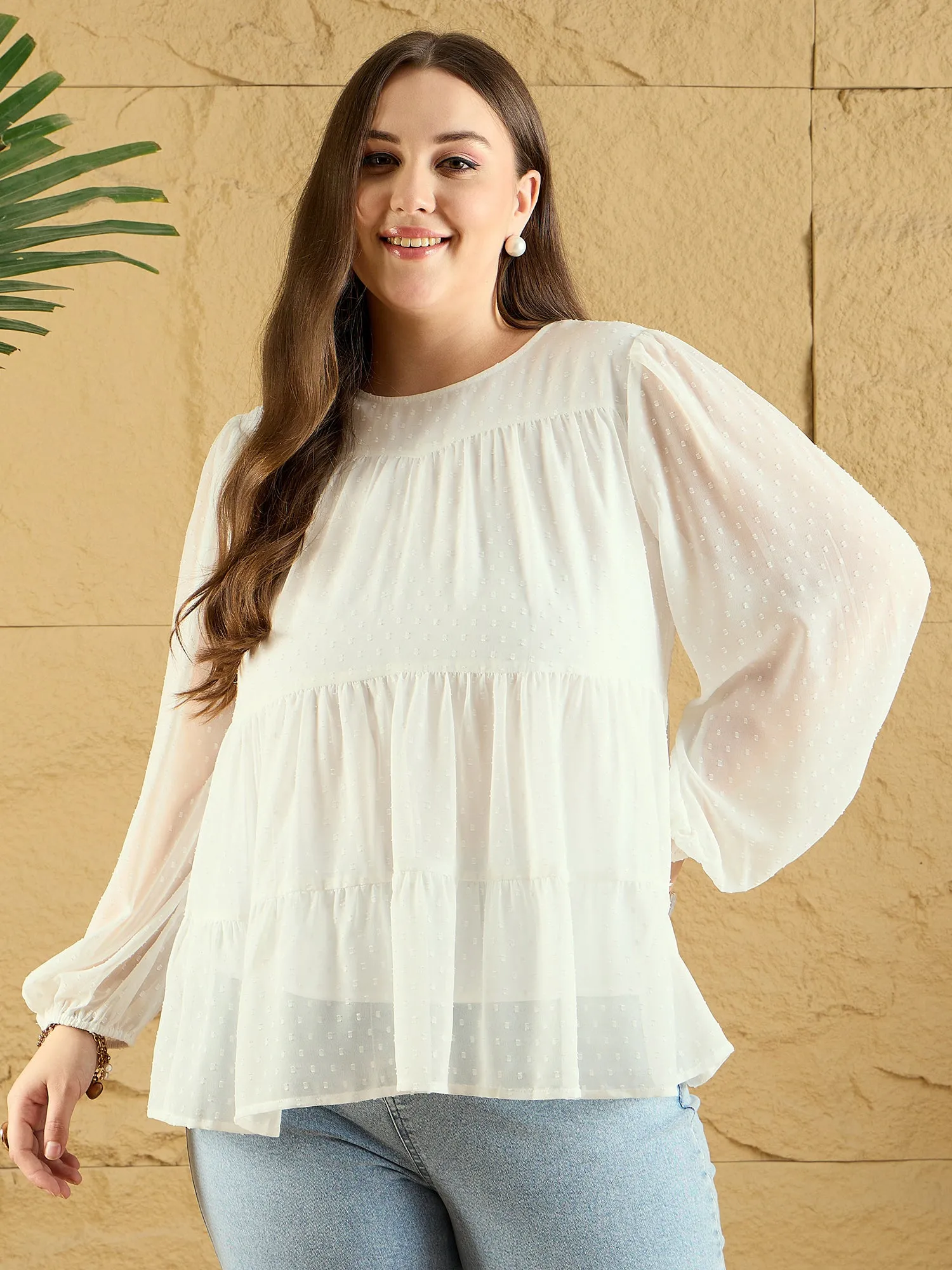 Berrylush Curve Women Solid White Dobby Weave Round Neck Puff Sleeves Back Keyhole Pleated Peplum Regular Top