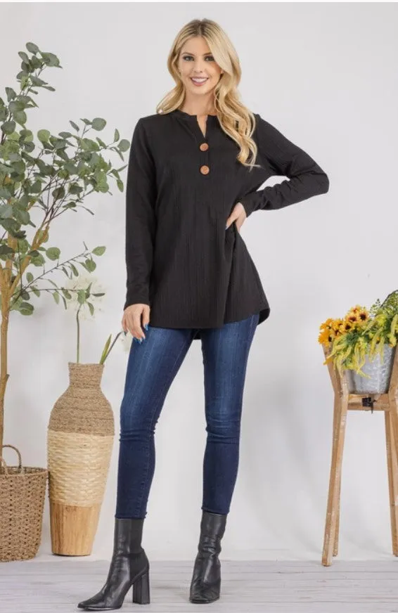 Black Cable Knit Henley Long Sleeve Top - #6117-6123