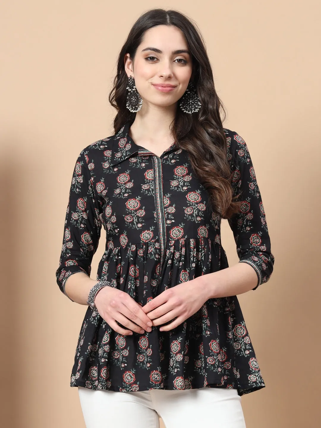 Black Cotton Floral Print Peplum Top