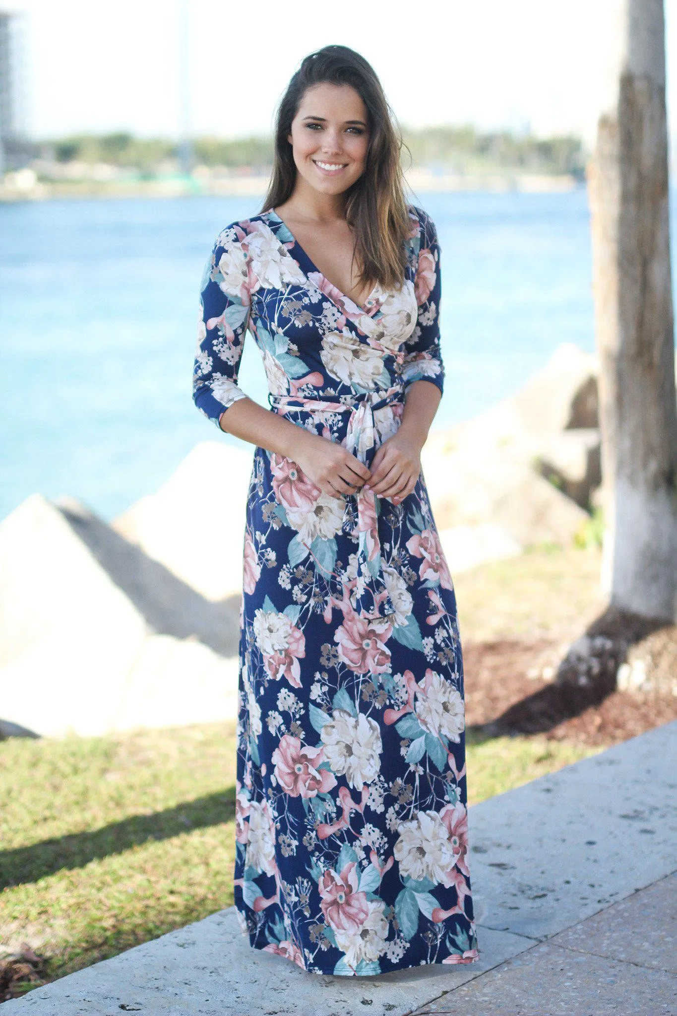 Blue Floral Wrap Maxi Dress