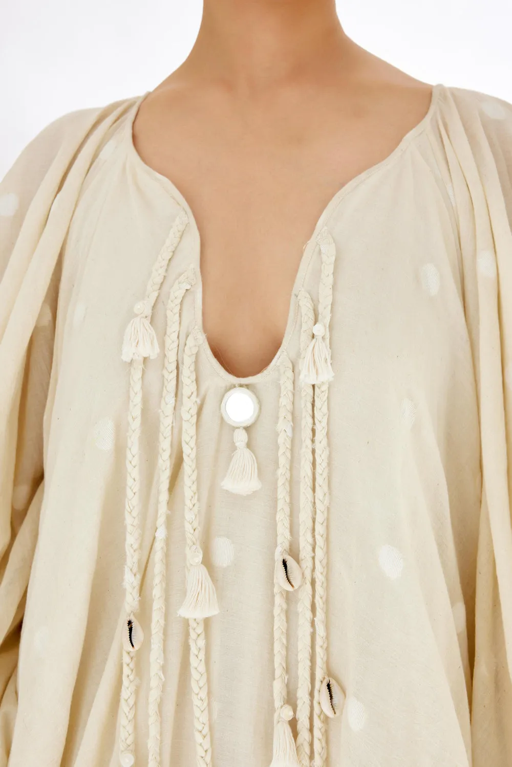 Cream Hand Woven Polka Dot Jamdani Maxi Dress
