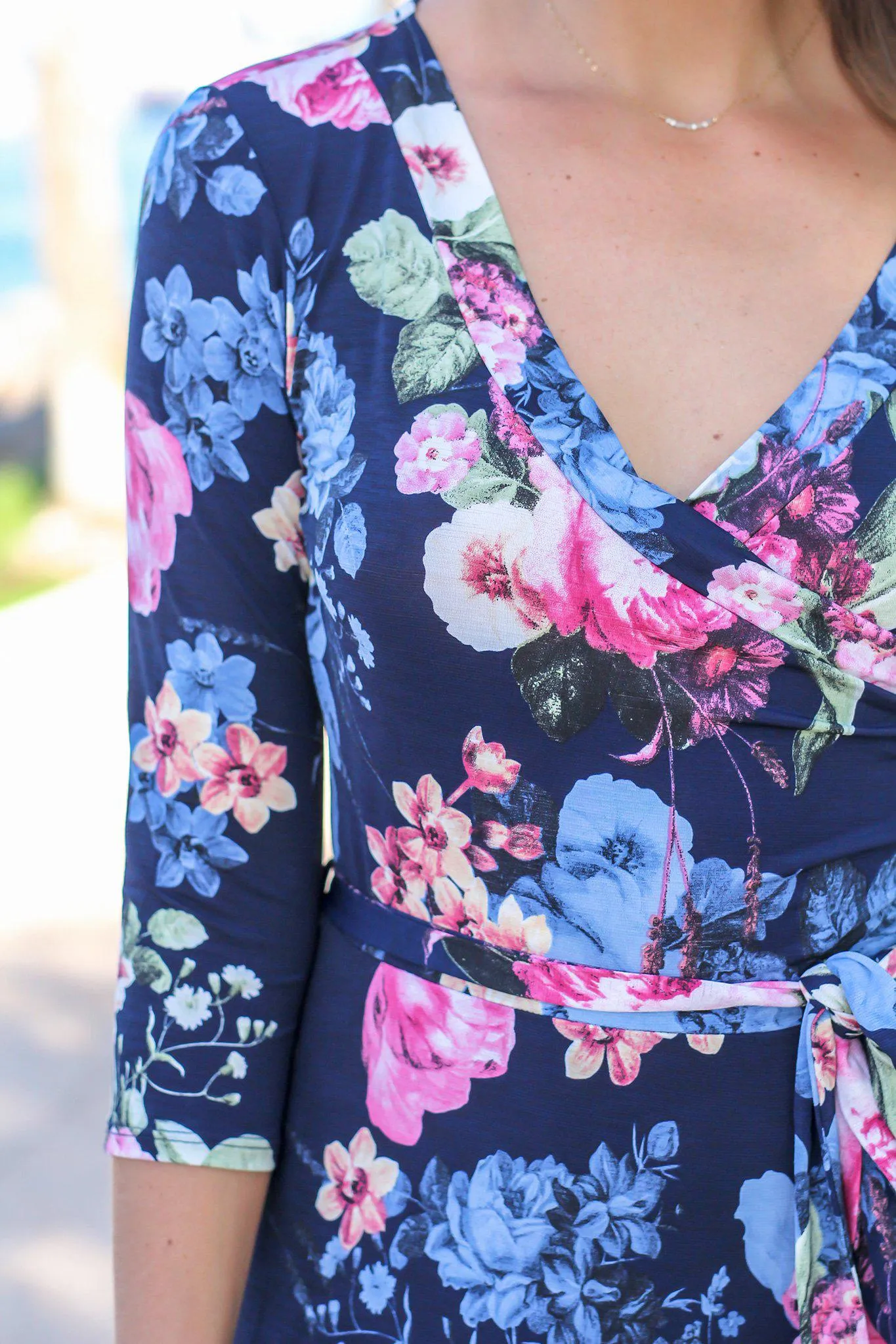 Navy and Pink Floral Wrap Maxi Dress with 3/4 Sleeves