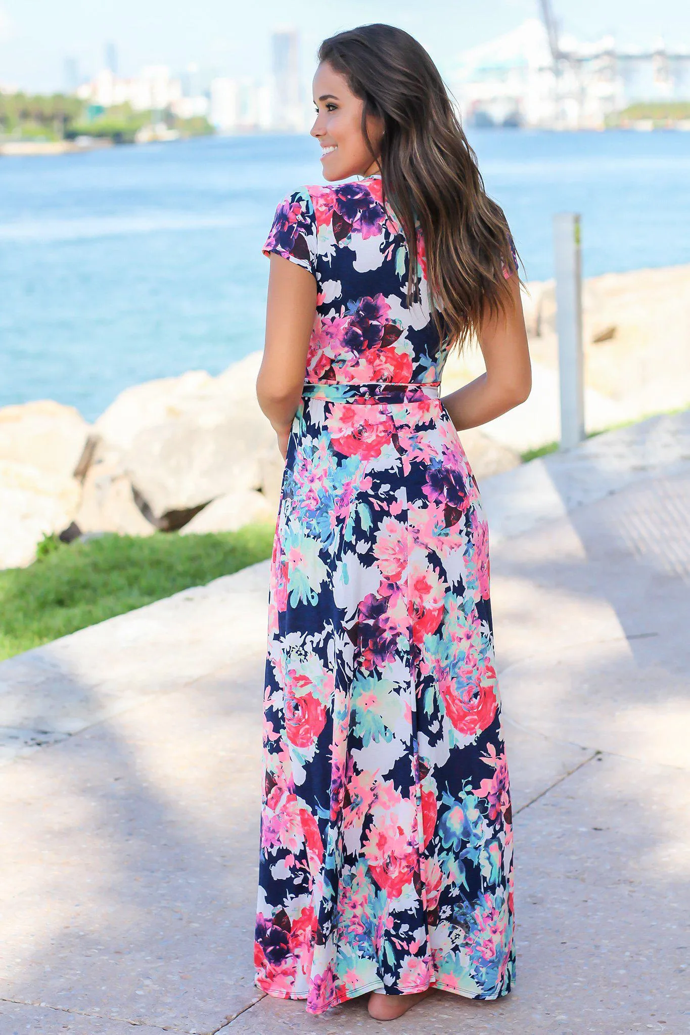 Neon Floral Wrap Maxi Dress with Short Sleeves