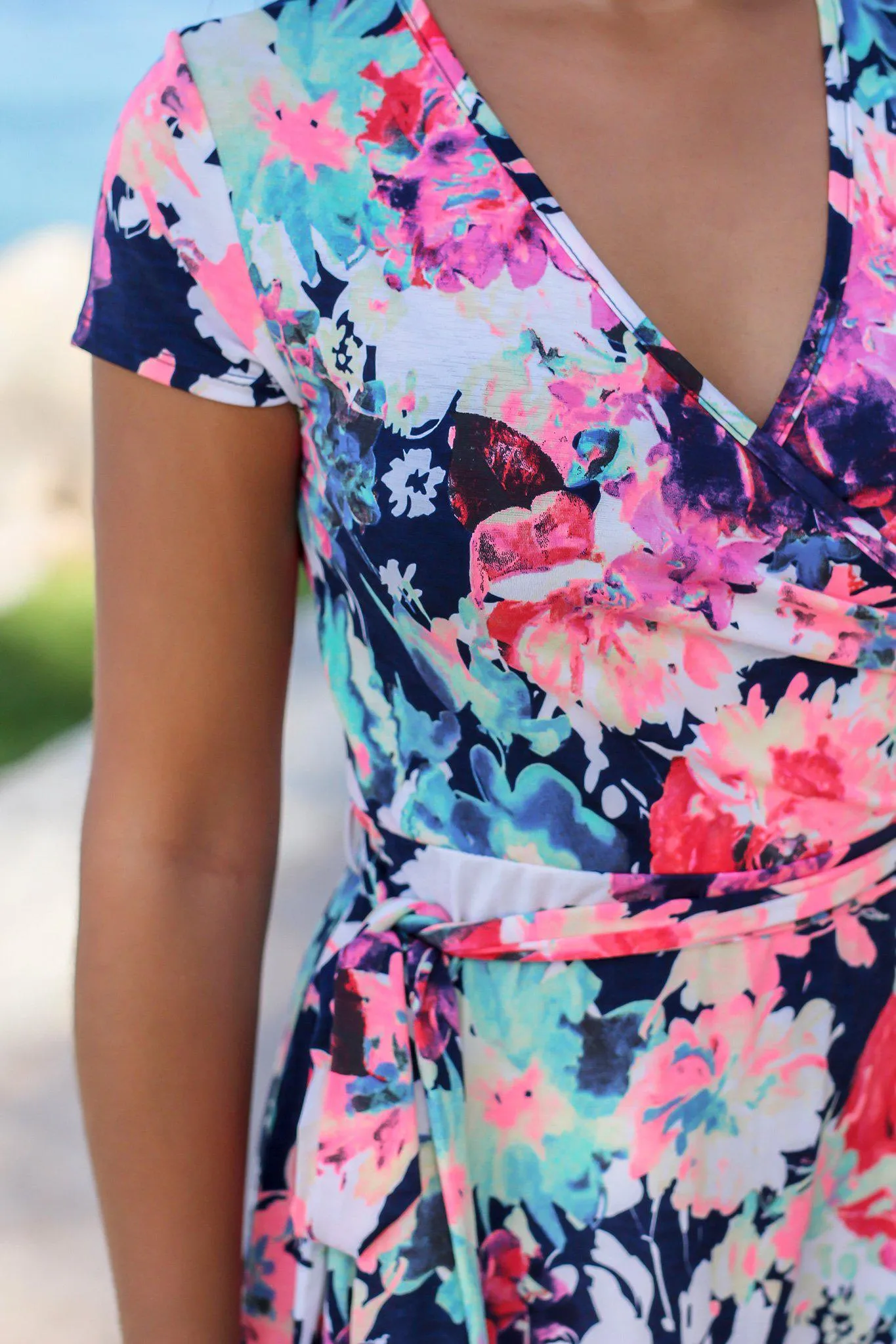 Neon Floral Wrap Maxi Dress with Short Sleeves