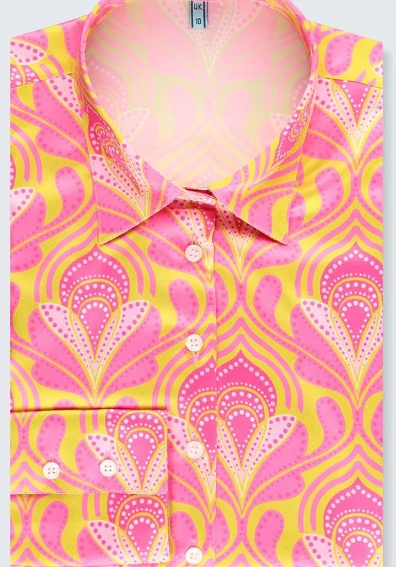 Pink & Yellow Retro Geometric Design Fitted Satin Shirt