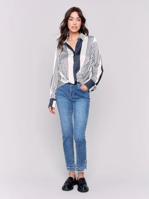 Printed Satin Shirt with Front Twist Detail